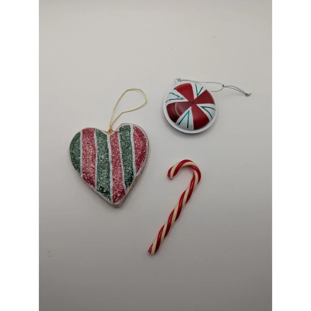 3 Vtg Christmas Ornaments Red White Green Heart Round Metal w/ Bells Candy‎ Cane